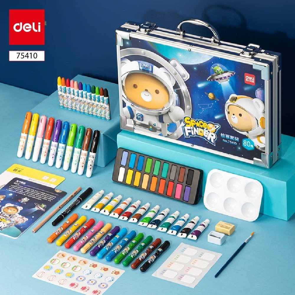 ديلي صندوق ألوان - ألوان تلوين شمع + ألوان تلوين مائي حجري + عصارات تلوين مائي + أقلام - قرشاة - مزاجة - ممحاة ومبرأة - 80 قطعة - E75410