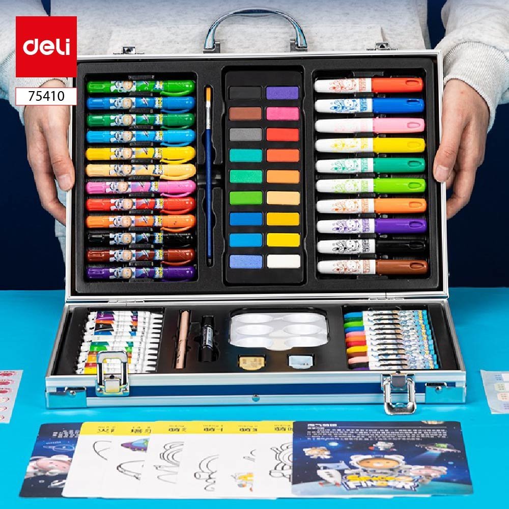 ديلي صندوق ألوان - ألوان تلوين شمع + ألوان تلوين مائي حجري + عصارات تلوين مائي + أقلام - قرشاة - مزاجة - ممحاة ومبرأة - 80 قطعة - E75410