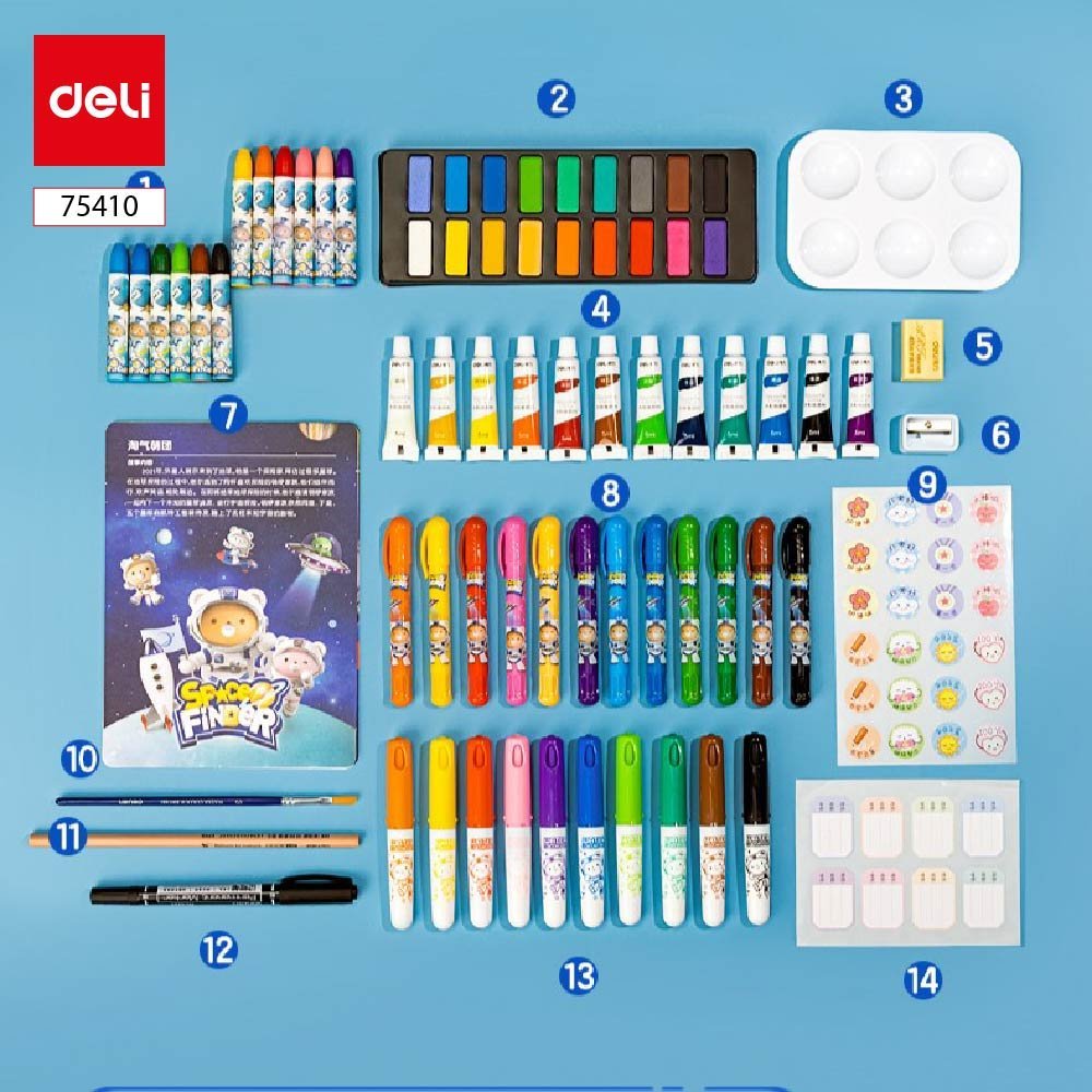 ديلي صندوق ألوان - ألوان تلوين شمع + ألوان تلوين مائي حجري + عصارات تلوين مائي + أقلام - قرشاة - مزاجة - ممحاة ومبرأة - 80 قطعة - E75410