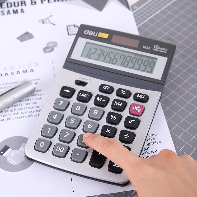 ديلي آلة حاسبة مكتبية - مصدرين طاقة - بدن بلاستيك واجهة معدن - 12 خانة - فضي - E1222