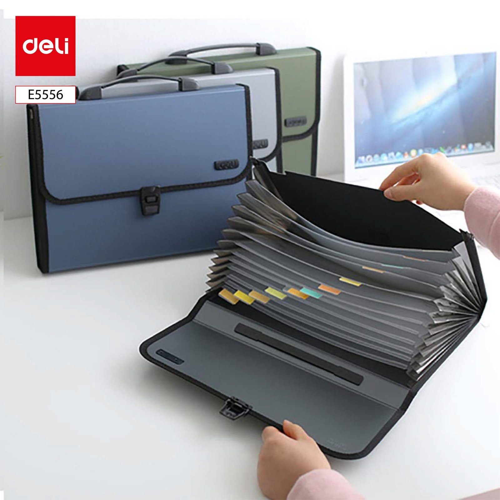 E5556 ديلي مصنف حقيبة 13 قسم - قياس - A4 مع مسكة - إغلاق بقفل - رمادي // أزرق زيتي) - E5556