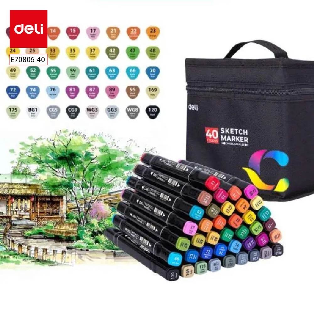 E70806-40 (1) ديلي مجموعة أقلام رسم احترافية - مزدوجة الرأس - مع حقيبة - 40 لون - E70806-40