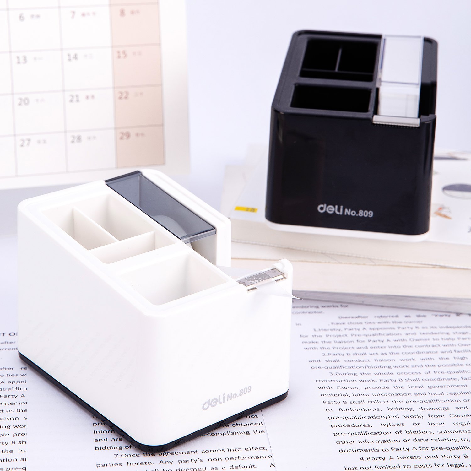 ديلي مقلمة مكتبية مع قطاعة شريط لاصق -أبيض / أسود - E809