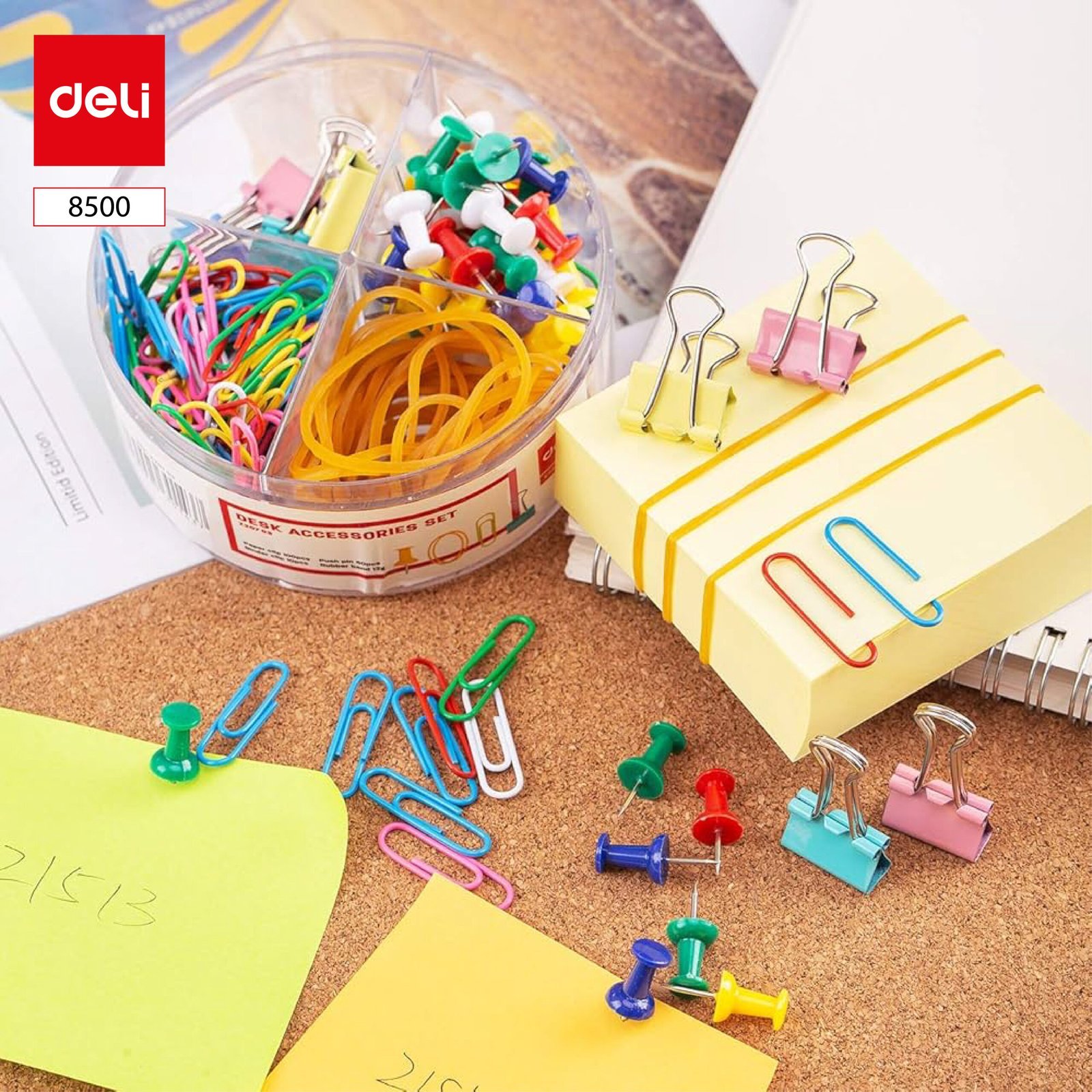 E8500 (2) ديلي مجموعة تنظيم مكتب - 100 مشبك ، 50 دبوس ، 10 ملقط ، 12غ مطاط - ألوان مختلفة - 8500