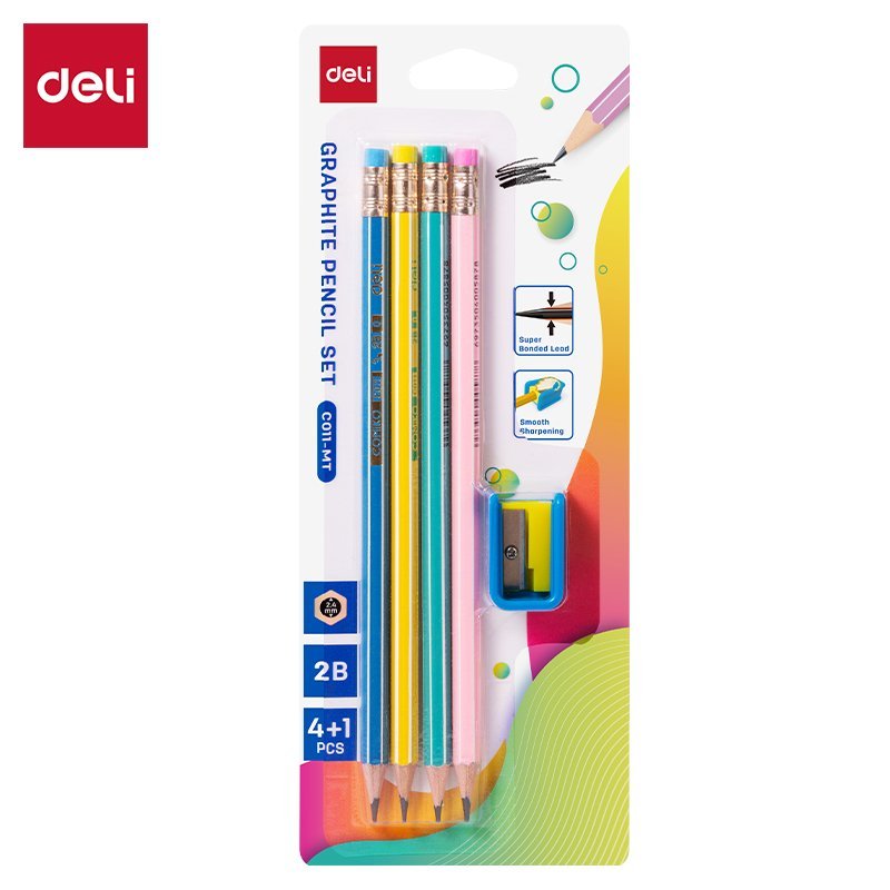 EC011-MT (7) ديلي مجموعة أقلام رصاص خشب - غرافيت 2B - بدن ملون - مع ممحاة - كرت 4 قلم + مبراة - EC011-MT
