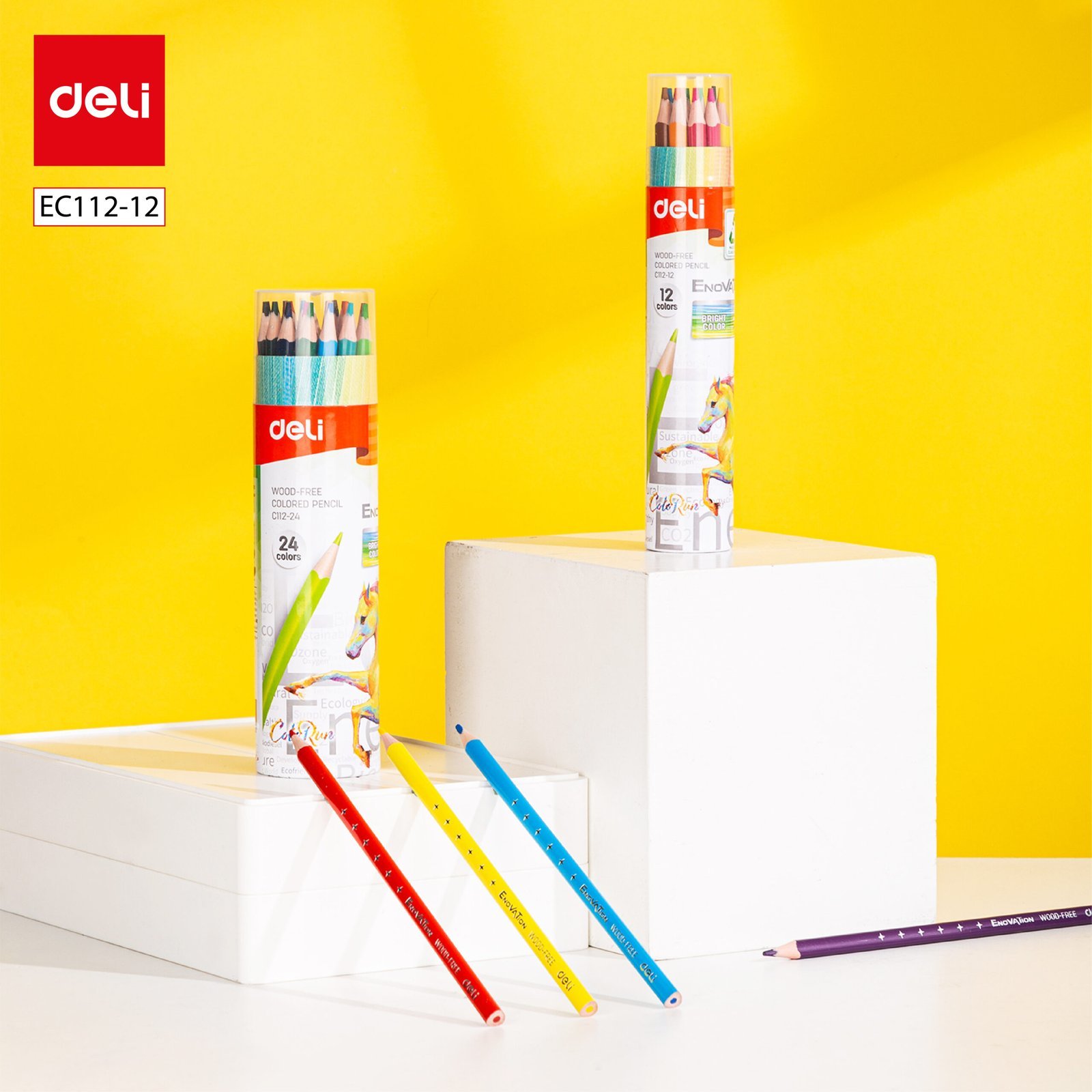EC112-12 ديلي اقلام تلوين خشبي طويل - اينوفيشن علبة اسطوانية 12 لون -EC112-12