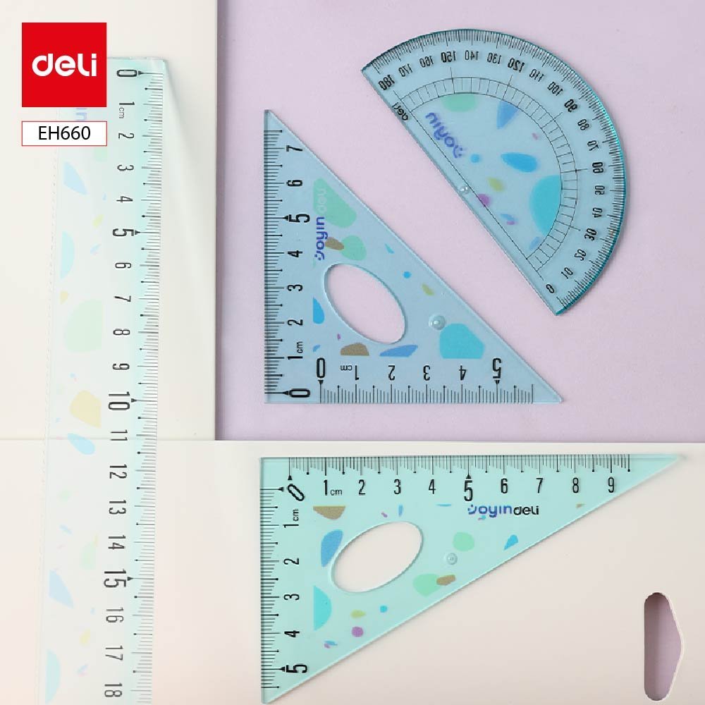 ديلي مجموعة مساطر هندسية - مسطرة قياس 20 سم - 4 قطع - أزرق/ زهر - EH660