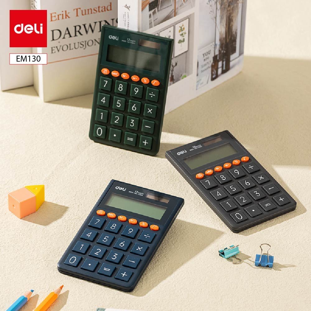 ديلي آلة حاسبة محمولة - مصدرين طاقة - 12 خانات - رمادي - EM130