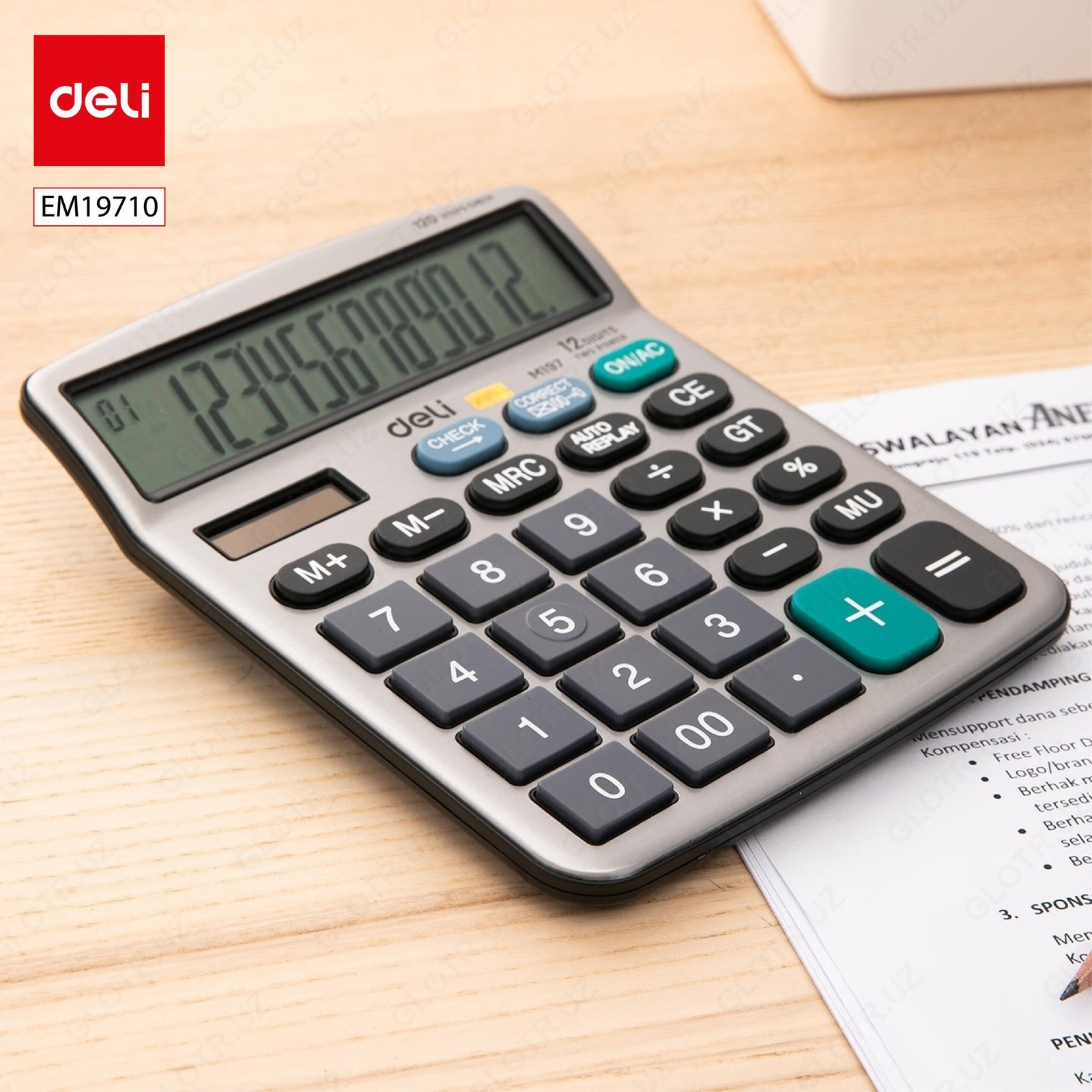 ديلي الة حاسبة مكتبية 12 خانة بلاستيك واجهة معدن فضي-زر مراجعة EM19710