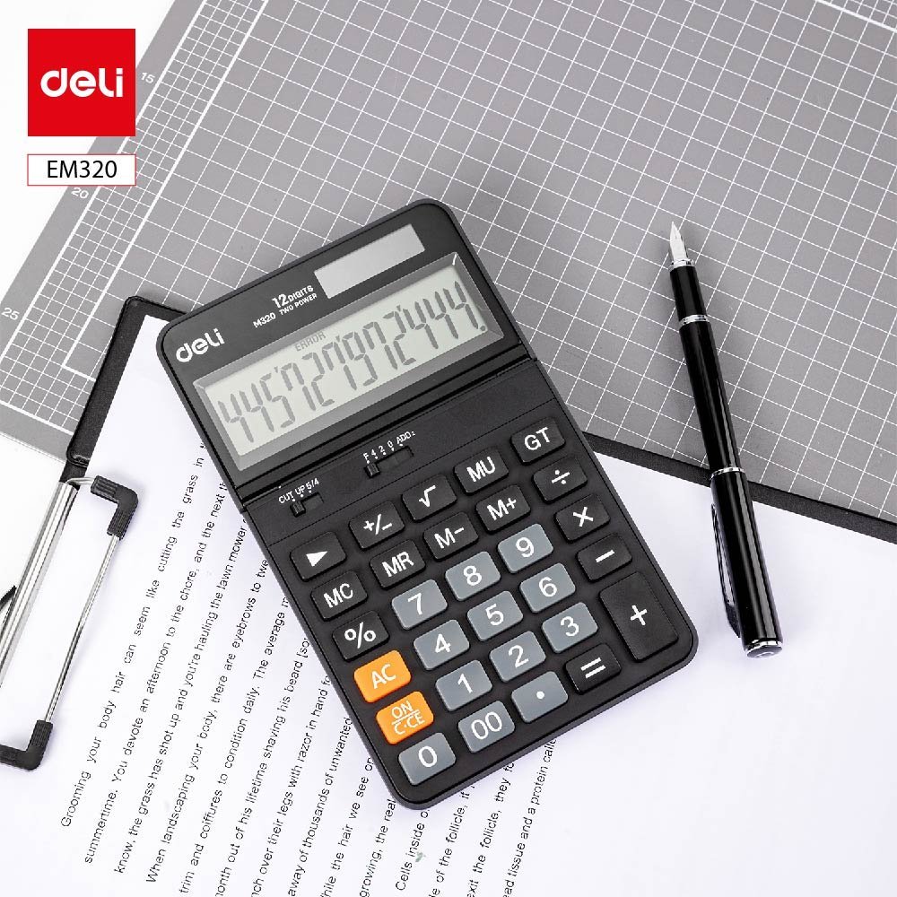 ديلي آلة حاسبة مكتبية - مصدرين طاقة - بدن بلاستيك واجهة معدن - 12 خانة - أسود - EM320