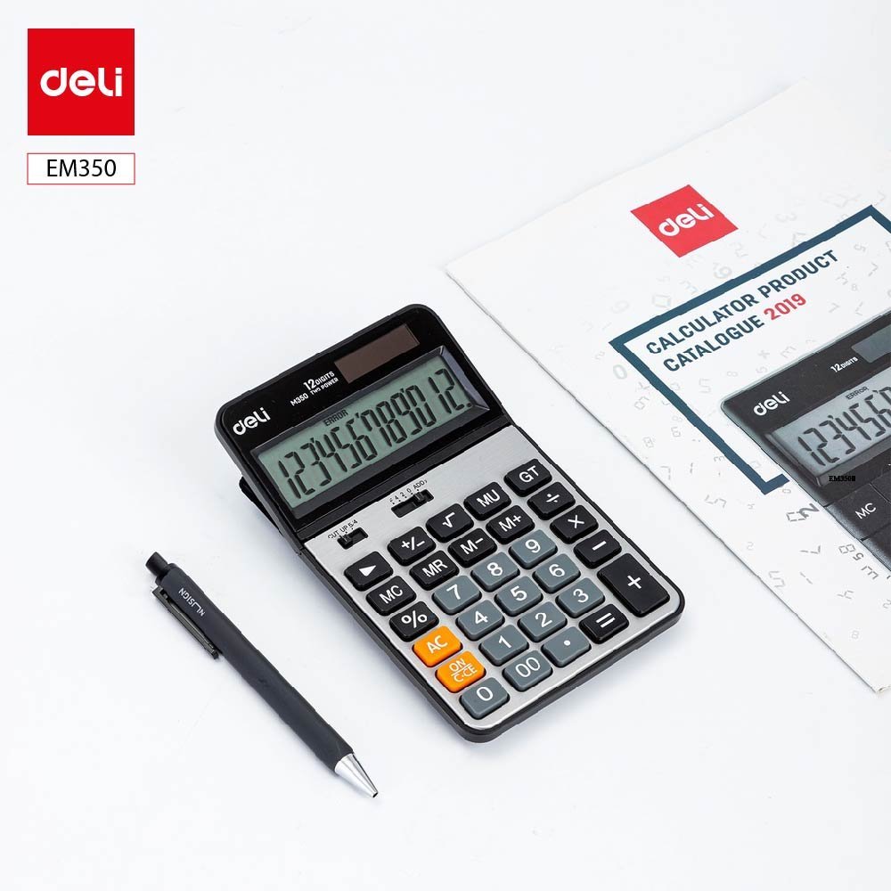 ديلي آلة حاسبة مكتبية - مصدرين طاقة - بدن بلاستيك واجهة معدن - 12 خانة - فضي - EM350