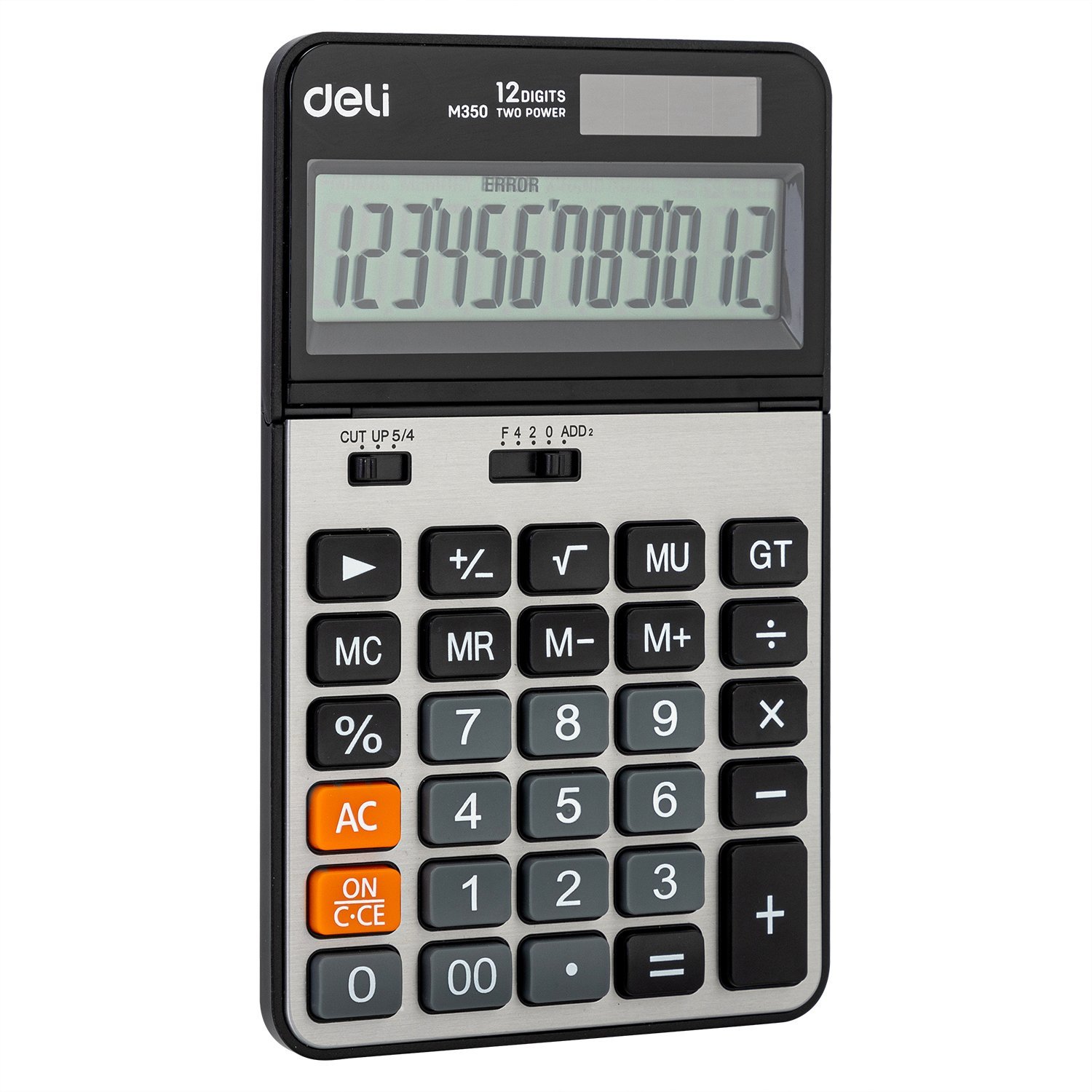 ديلي آلة حاسبة مكتبية - مصدرين طاقة - بدن بلاستيك واجهة معدن - 12 خانة - فضي - EM350