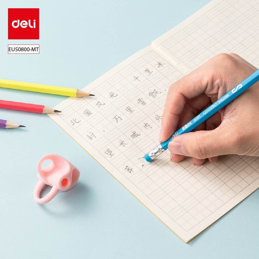 ديلي مجموعة أقلام رصاص خشب - غرافيت HB - بدن ملون - مع ممحاة - كرت 4 قلم + مقبض كتابة للأطفال - EU50800-MT