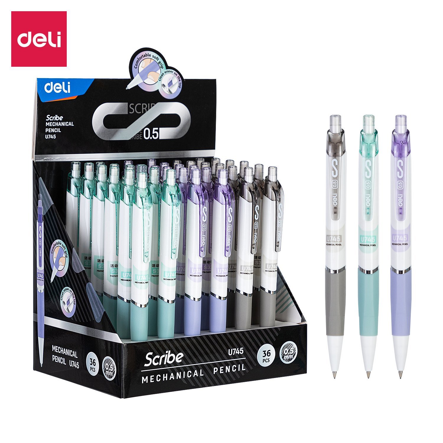 EU745 0.5 ديلي قلم رصاص كباس - - 0.5mm بدن بلاستيك أبيض - علاقة ألوان - مع ممحاة - EU745