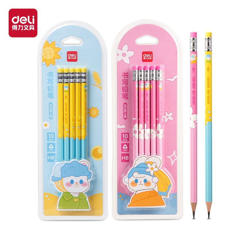 ديلي مجموعة أقلام رصاص مثلث خشب - غرافيت HB - بدن ملون - 5 أقلام - مع ممحاة - HC145-HB