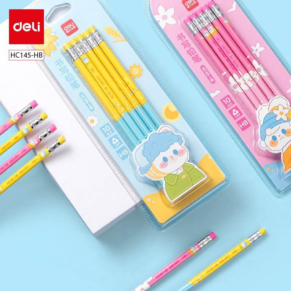 ديلي مجموعة أقلام رصاص مثلث خشب - غرافيت HB - بدن ملون - 5 أقلام - مع ممحاة - HC145-HB