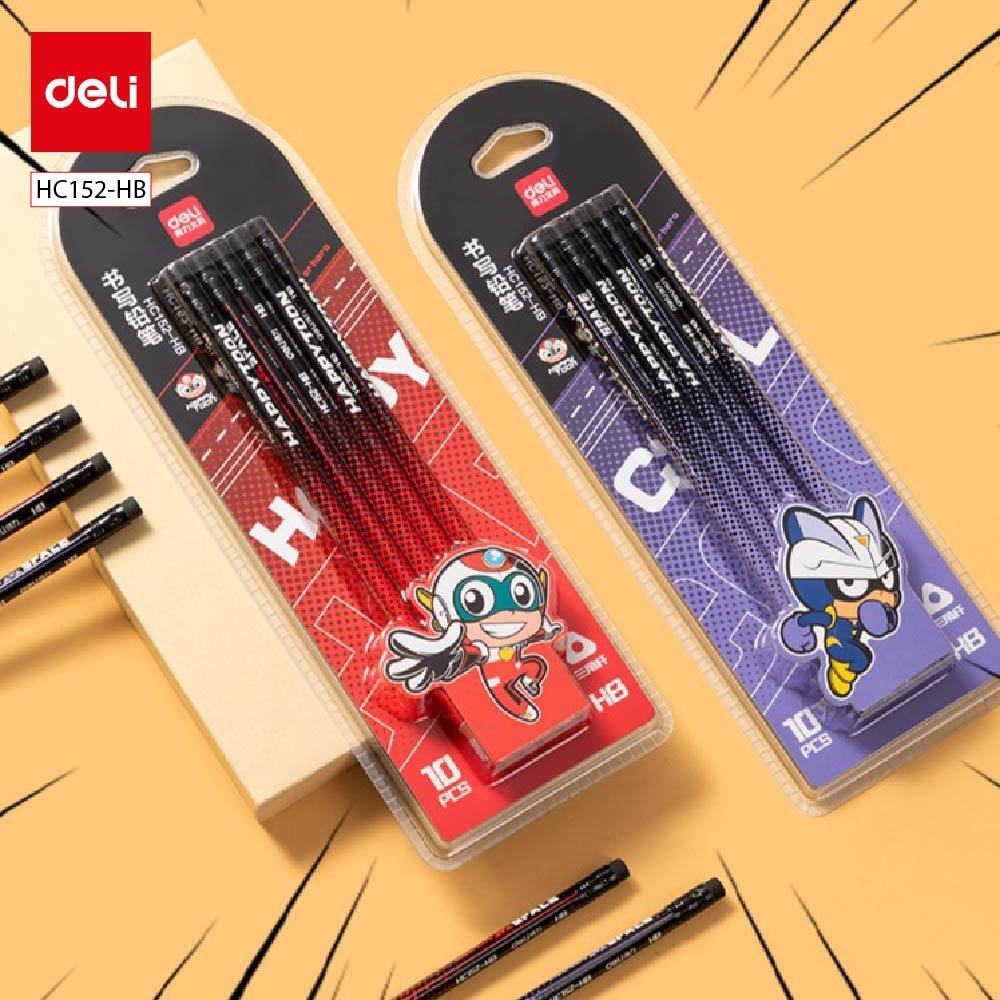 HC152-HB (1) ديلي مجموعة أقلام رصاص مثلث خشب كرتوني - غرافيت HB - بدن ملون - 10 أقلام - مع ممحاة - HC152-HB