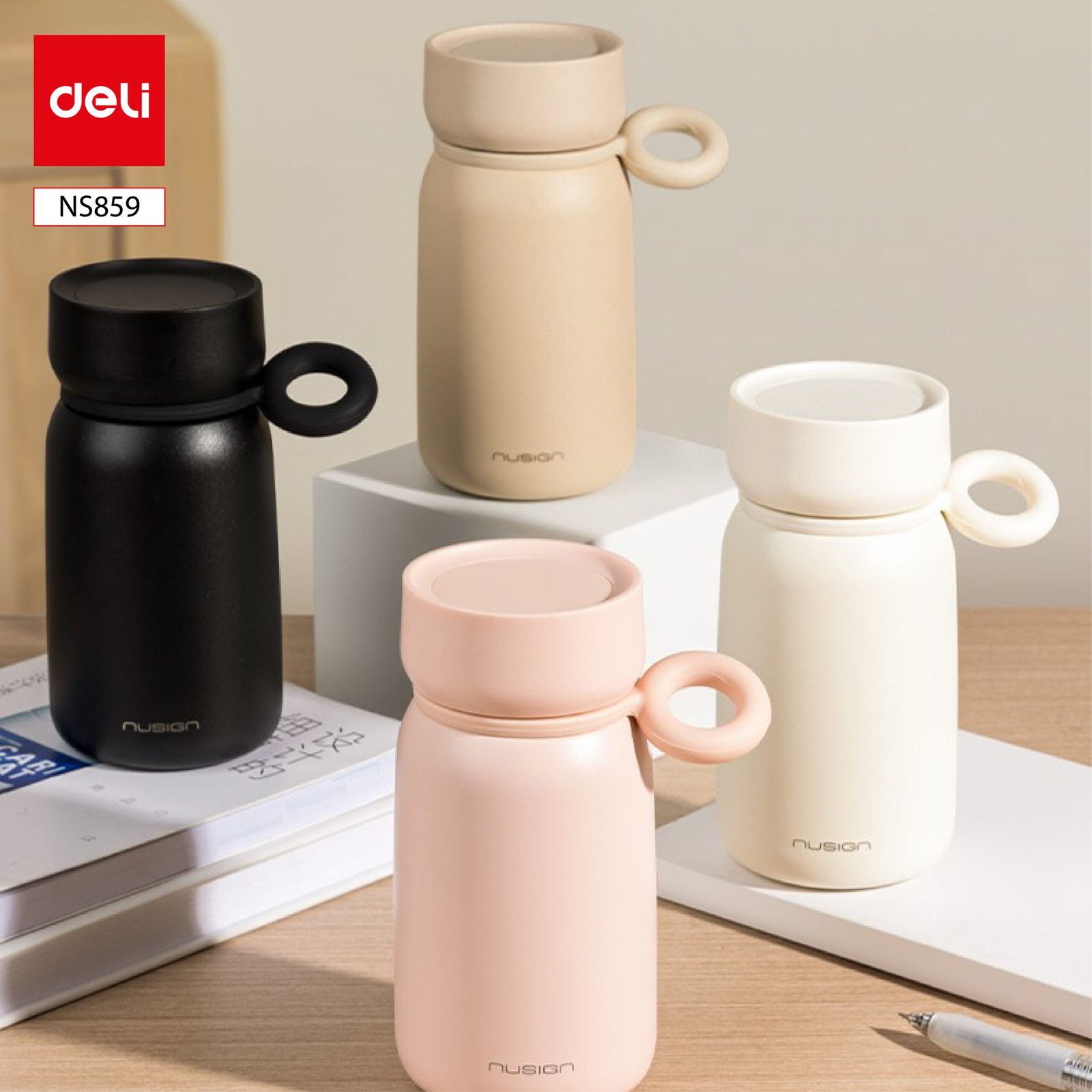 NS859 5 (2) ديلي مطرة حافظة حرارة - خفيفة الوزن - 330 مل -زهر / بني / أسود / أبيض - NS859