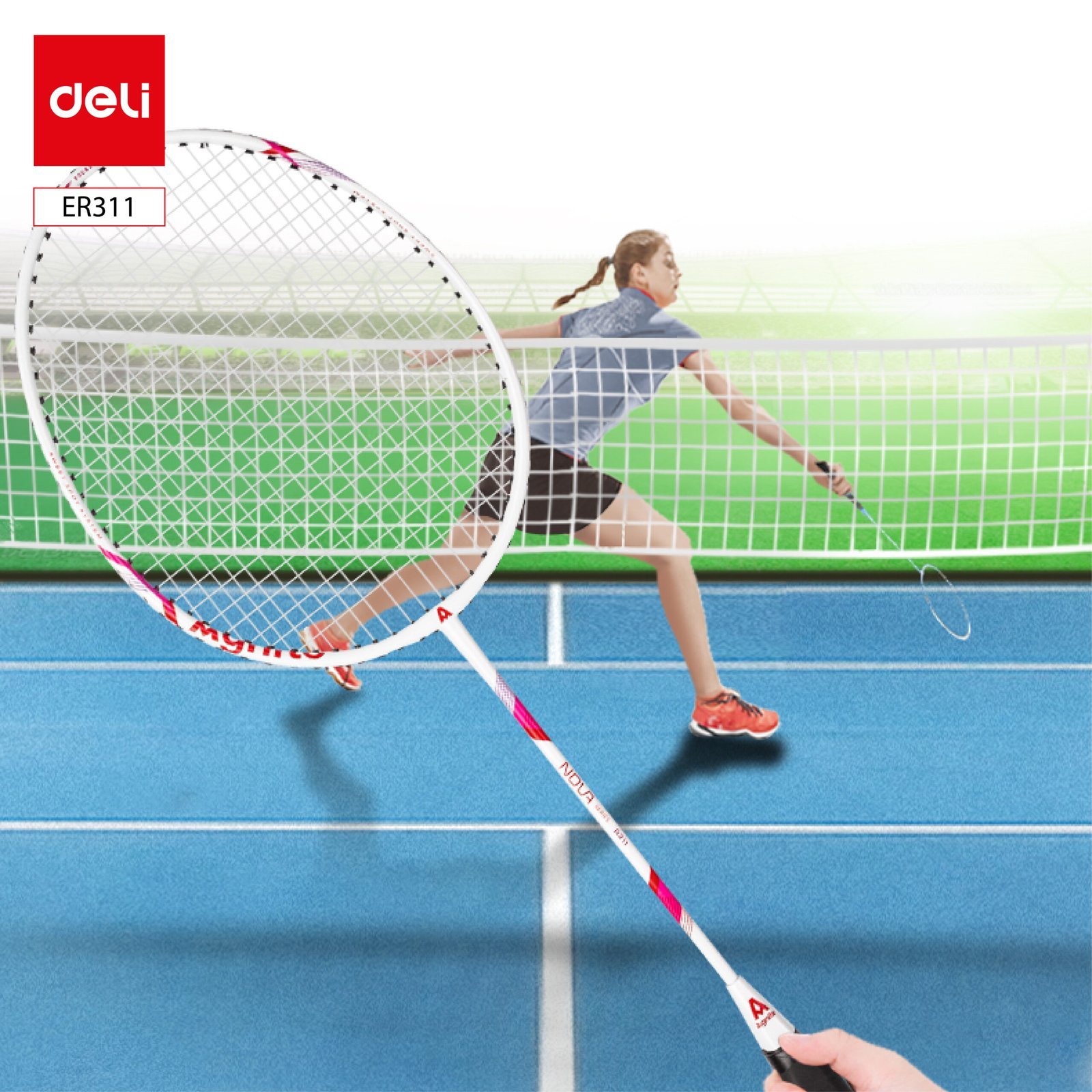 ديلي مضرب تنس الريشة - مجموعة 2 مضرب مع ملحقات - معدن - أزرق و ابيض + زهر وأبيض - ER311