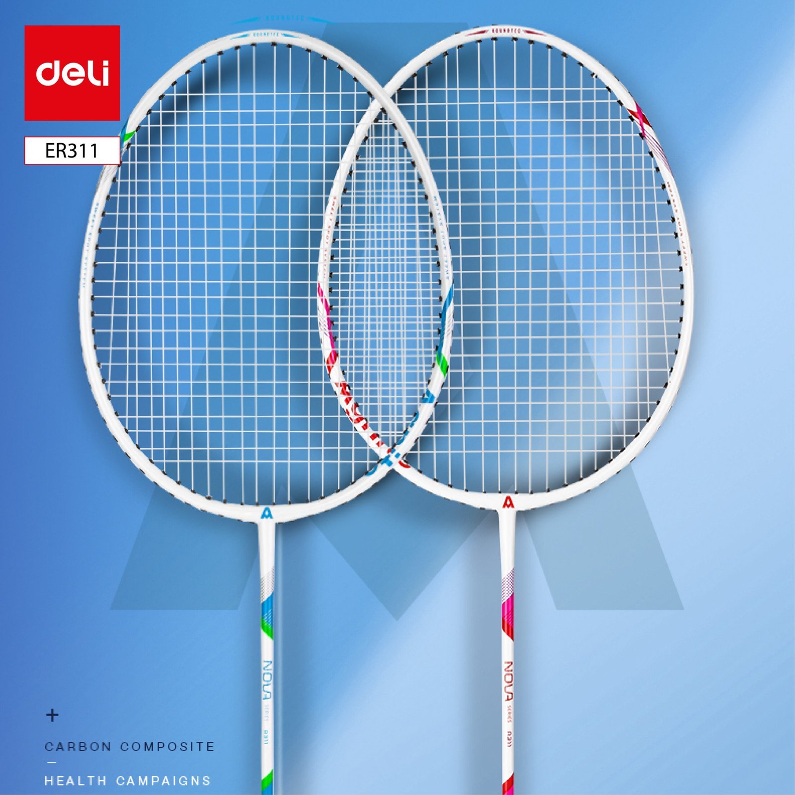 ديلي مضرب تنس الريشة - مجموعة 2 مضرب مع ملحقات - معدن - أزرق و ابيض + زهر وأبيض - ER311