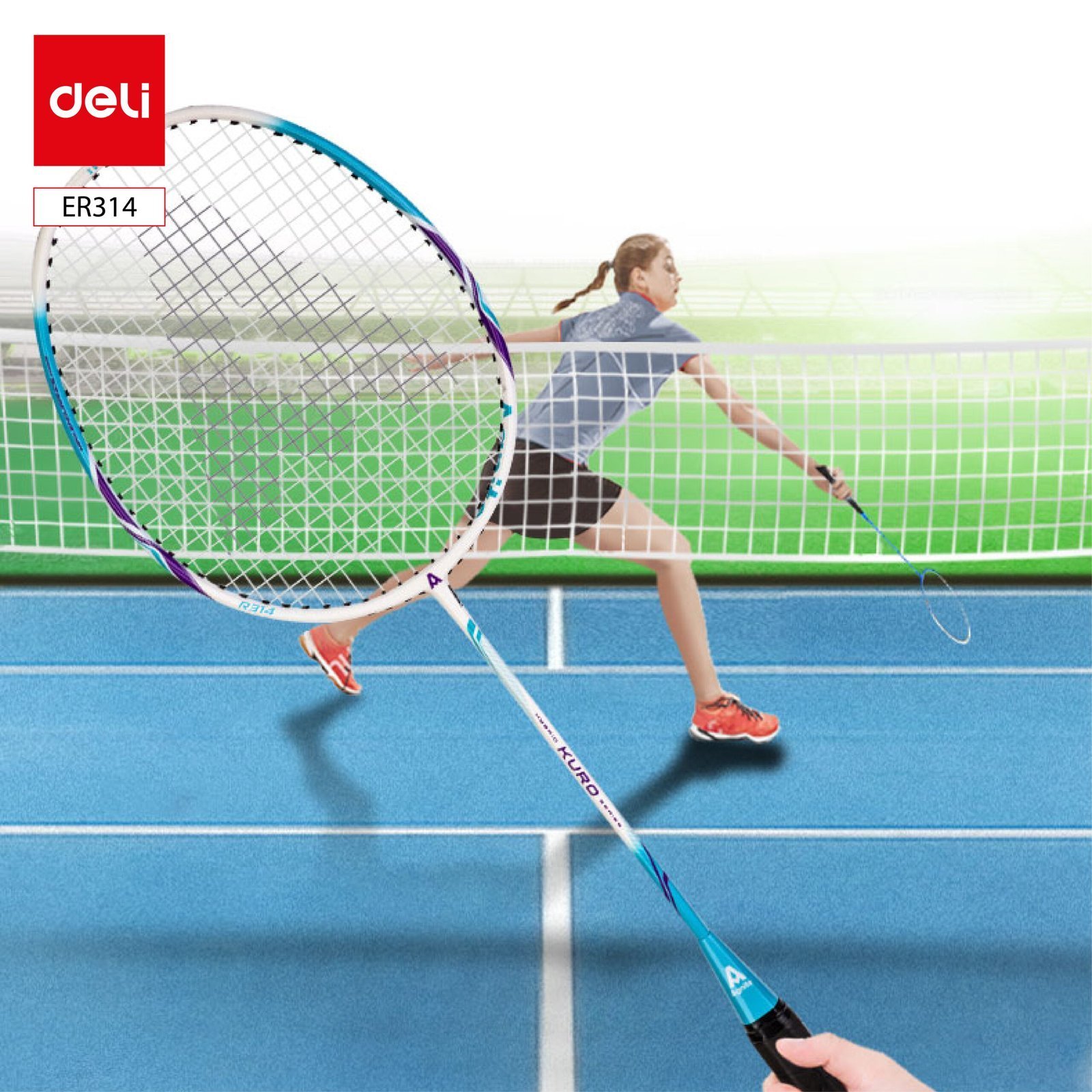 ديلي مضرب تنس الريشة - مجموعة 2 مضرب مع ملحقات - المنيوم و الكربون - الطول : 680 ملم -أزرق أبيض + زهر أبيض - ER314