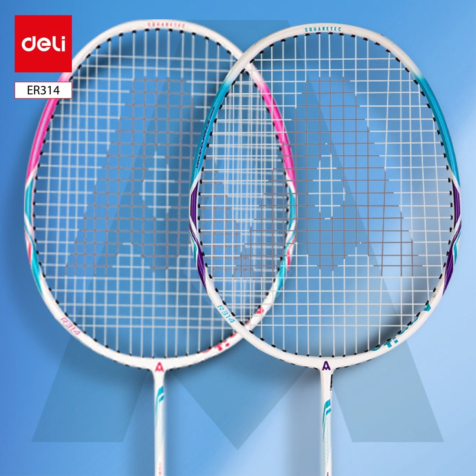 ديلي مضرب تنس الريشة - مجموعة 2 مضرب مع ملحقات - المنيوم و الكربون - الطول : 680 ملم -أزرق أبيض + زهر أبيض - ER314
